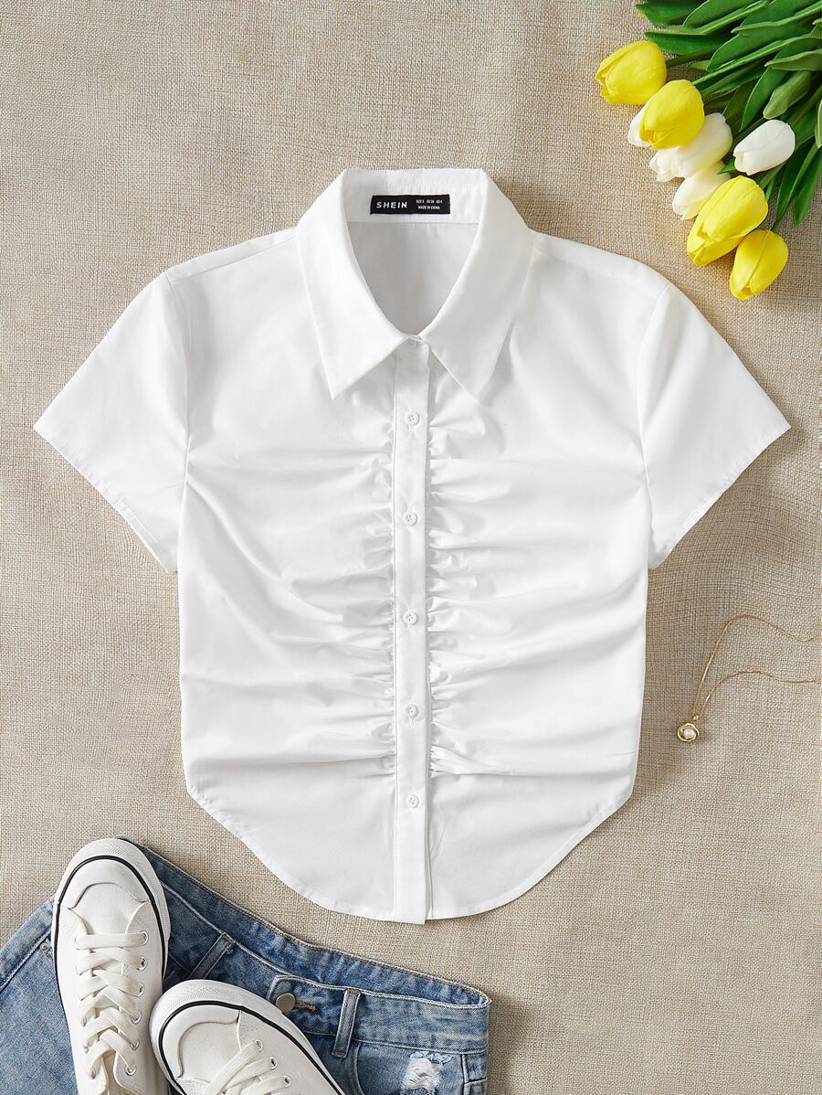 SHEIN Qutie Ruched Button Front Curved Hem Shirt - White - View 1