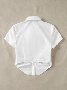 SHEIN Qutie Ruched Button Front Curved Hem Shirt - White - View 2