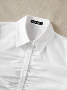 SHEIN Qutie Ruched Button Front Curved Hem Shirt - White - View 3
