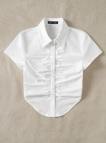 SHEIN Qutie Ruched Button Front Curved Hem Shirt - White - View 5