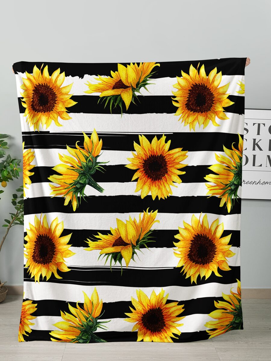 1pc Striped & Sunflower Print Blanket - Multicolor - View 1