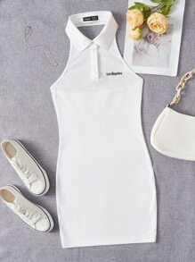 SHEIN EZwear Letter Graphic Button Front Halter Neck Backless Bodycon Dress - White - View 1