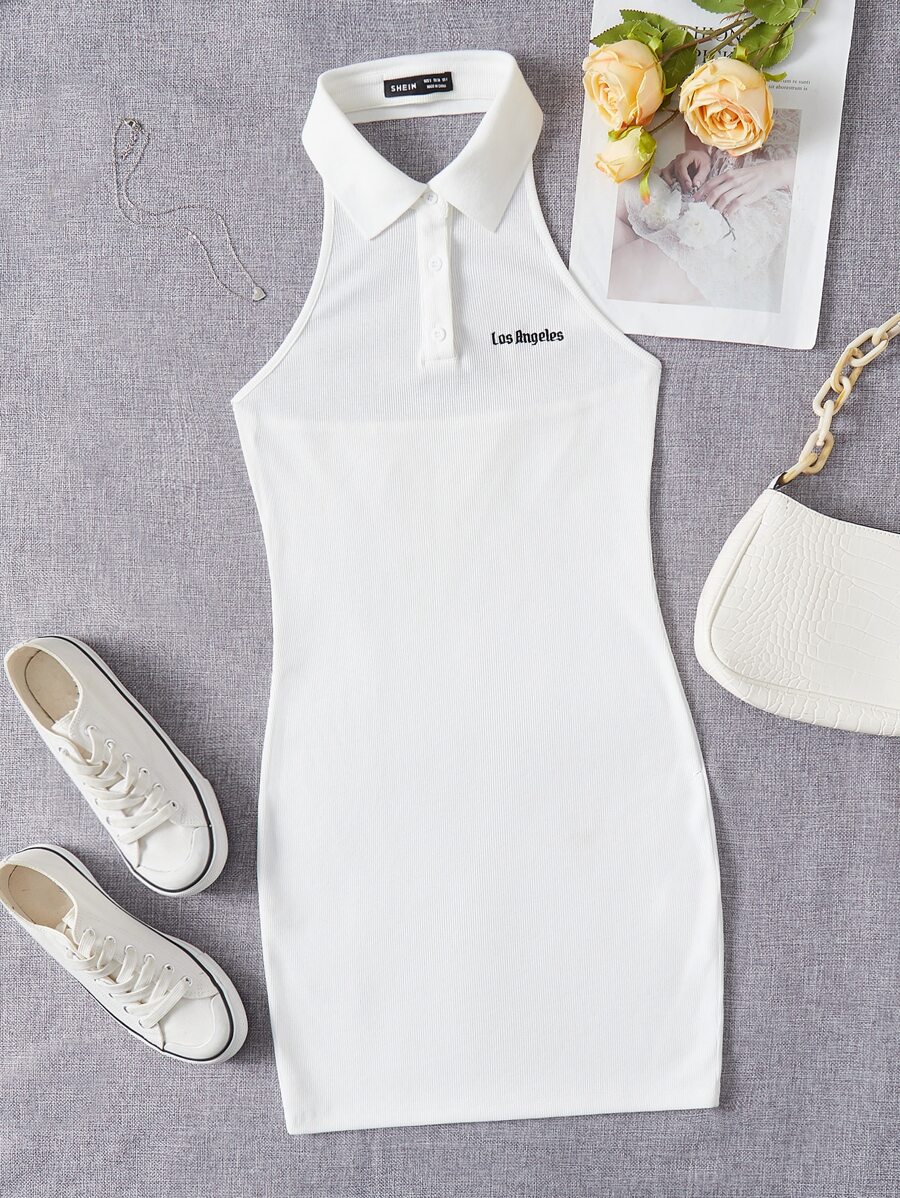 SHEIN EZwear Letter Graphic Button Front Halter Neck Backless Bodycon Dress - White - View 1