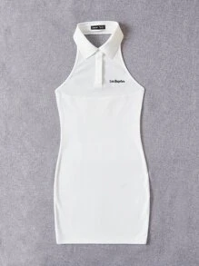 SHEIN EZwear Letter Graphic Button Front Halter Neck Backless Bodycon Dress - White - View 4