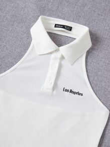 SHEIN EZwear Letter Graphic Button Front Halter Neck Backless Bodycon Dress - White - View 5
