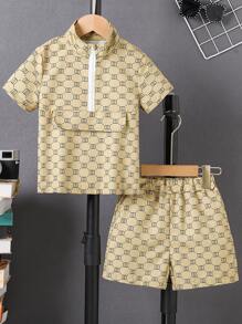 SHEIN 小男童滿版印花半拉鏈上衣和短褲 - 卡其色 - 查看 1