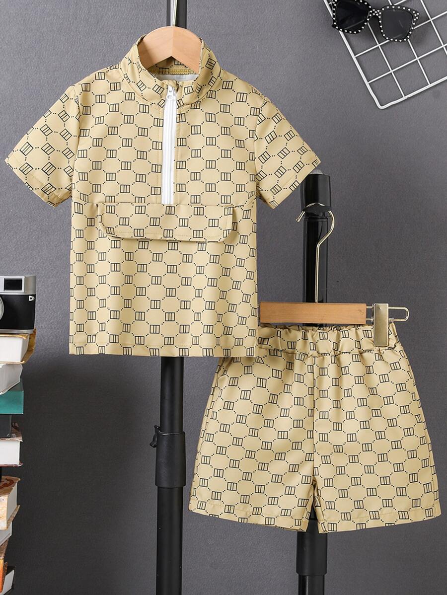 SHEIN 小男童滿版印花半拉鏈上衣和短褲 - 卡其色 - 查看 1