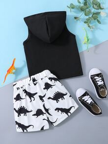 SHEIN 男孩恐龍印花連帽坦克上衣和短褲 - 黑與白 - 查看 2