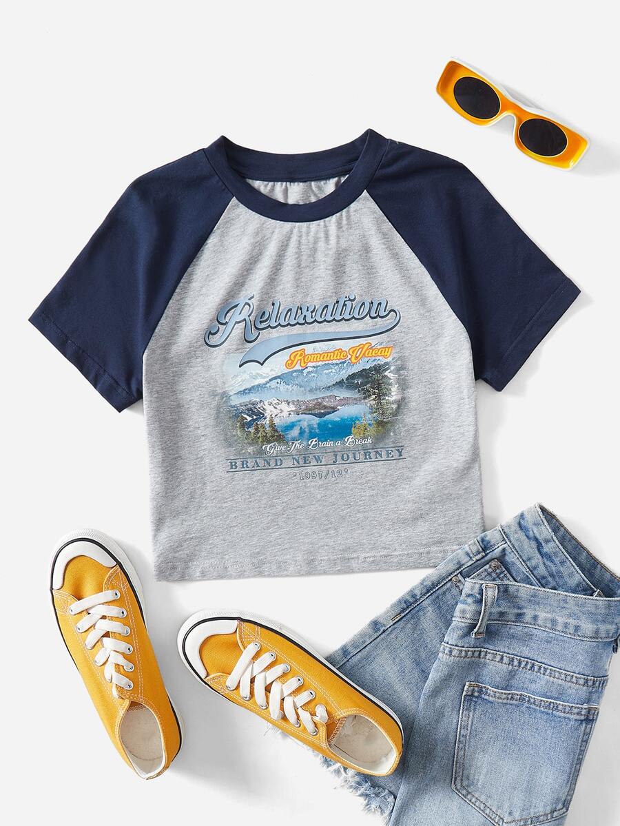 SHEIN EZwear 字母圖案插肩袖短款T恤