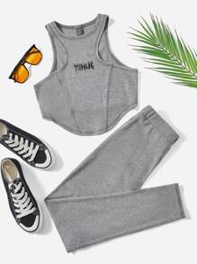SHEIN EZwear Letter Embroidery Crop Tank Top & Leggings - Grey - View 1