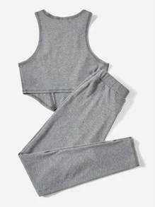 SHEIN EZwear Letter Embroidery Crop Tank Top & Leggings - Grey - View 2