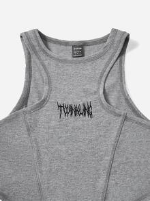 SHEIN EZwear Letter Embroidery Crop Tank Top & Leggings - Grey - View 4