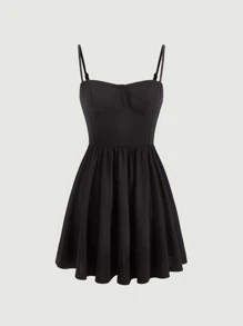 SHEIN MOD Solid Adjustable Straps Cami Dress - Black - View 1