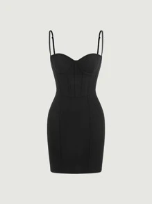SHEIN MOD Đầm Dây kéo màu trơn Thanh lịch - màu đen - Xem 1