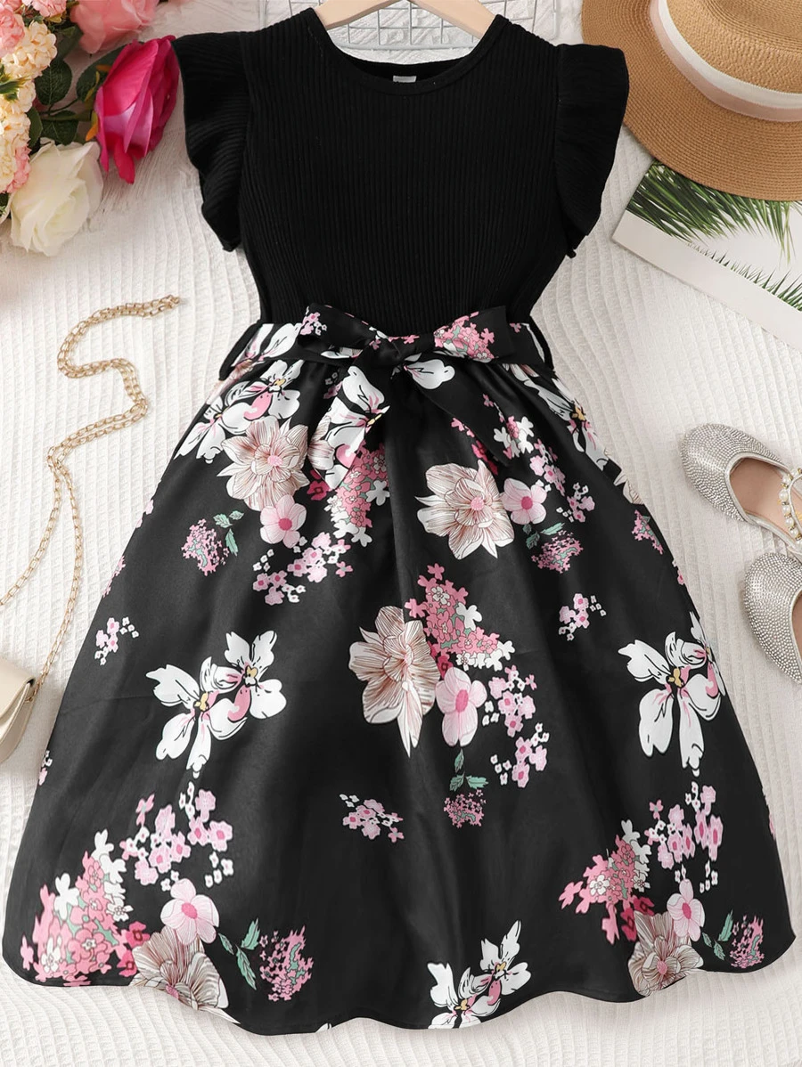 Đầm Gái Xù Gân đan Hoa Giải trí - màu đen - Xem 1