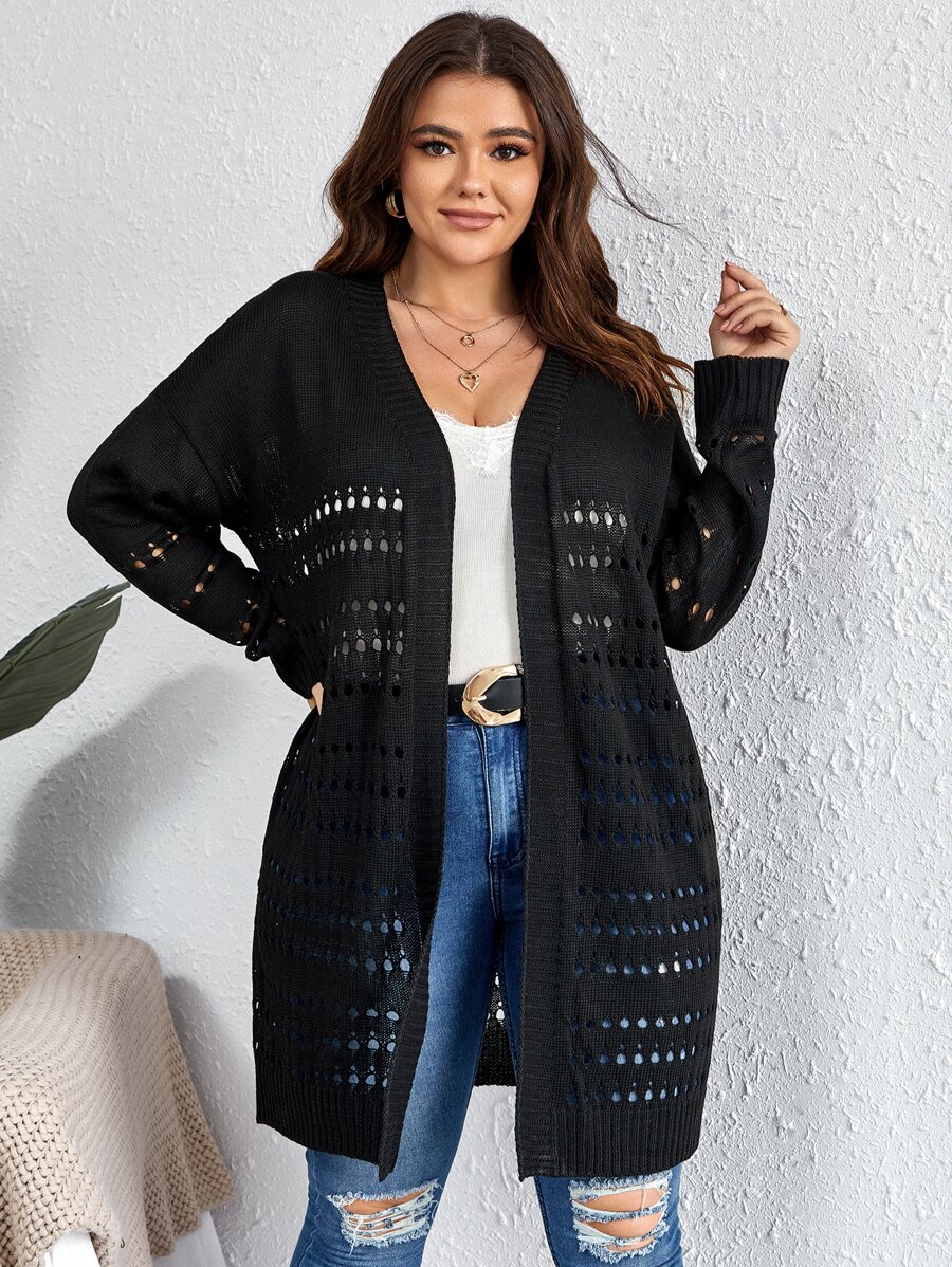 SHEIN LUNE Plus Pointelle Knit Drop Shoulder Cardigan - Black - View 1