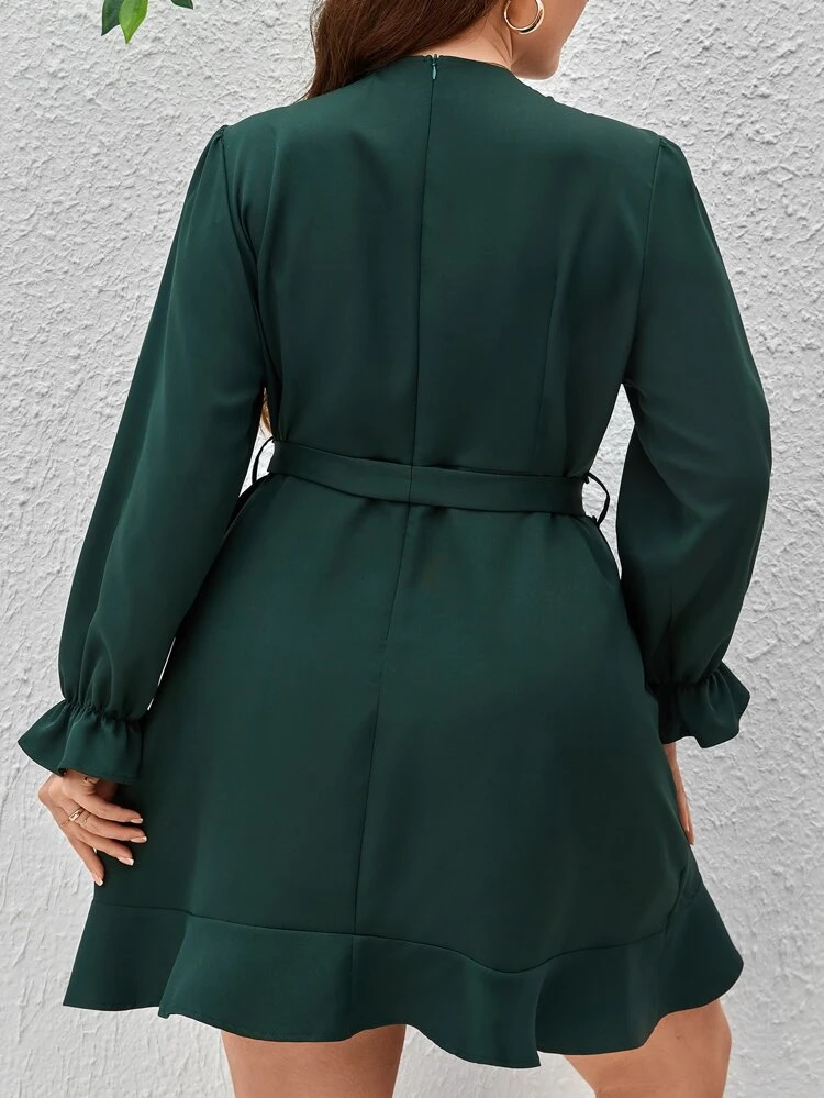 Plus Flounce Sleeve Ruffle Hem Belted Dress
