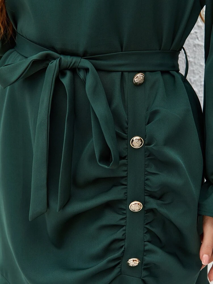 Plus Flounce Sleeve Ruffle Hem Belted Dress
