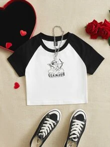 SHEIN EZwear Angel & Letter Graphic Raglan Sleeve Crop Tee - White - View 1