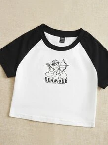 SHEIN EZwear Angel & Letter Graphic Raglan Sleeve Crop Tee - White - View 2