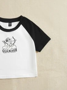 SHEIN EZwear Angel & Letter Graphic Raglan Sleeve Crop Tee - White - View 3