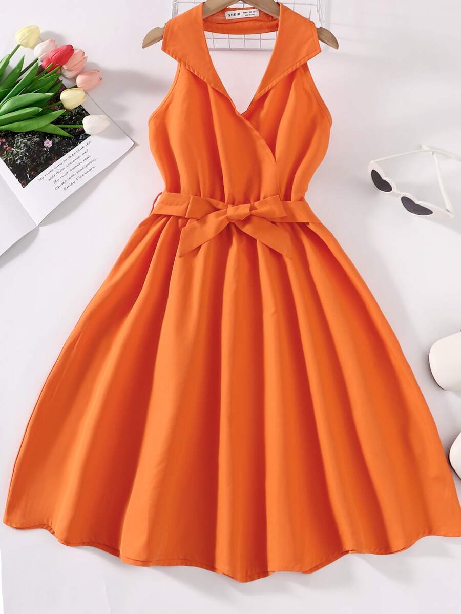 SHEIN Teen Girls Solid Belted Dress