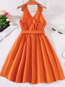 SHEIN Teen Girls Solid Belted Dress