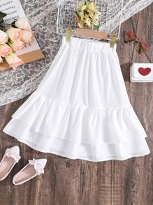 SHEIN Váy Gái Viên lá sen phân lớp màu trơn Dễ thương - trắng - Xem 1