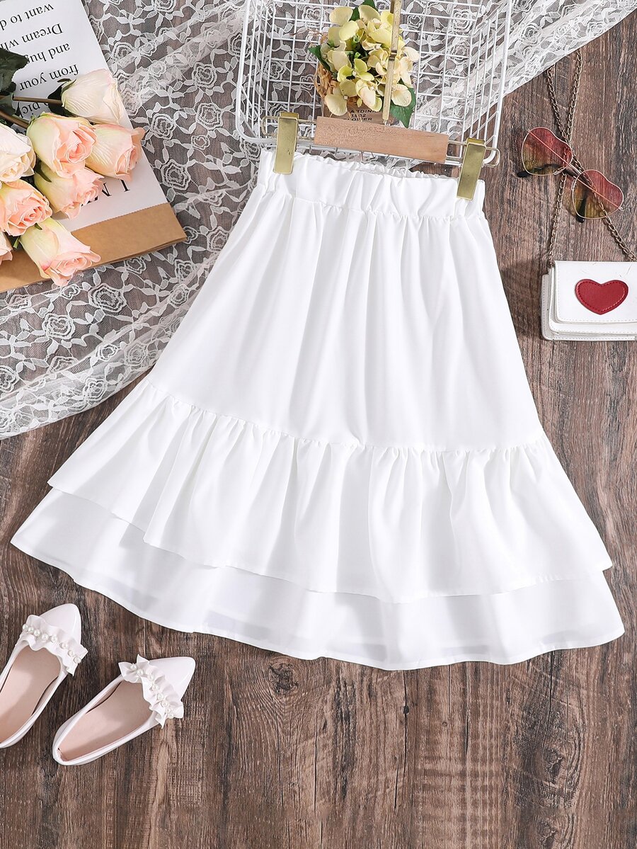 SHEIN Váy Gái Viên lá sen phân lớp màu trơn Dễ thương - trắng - Xem 1