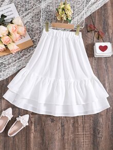 SHEIN Váy Gái Viên lá sen phân lớp màu trơn Dễ thương - trắng - Xem 2