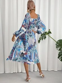Plants Print Knot Front Flounce Sleeve Dress - Multicolor - View 2