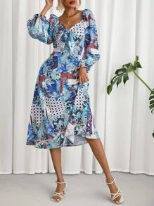 Plants Print Knot Front Flounce Sleeve Dress - Multicolor - View 5