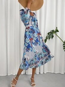 Plants Print Knot Front Flounce Sleeve Dress - Multicolor - View 6