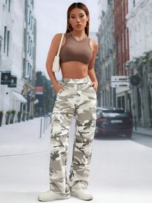 SHEIN PETITE 迷彩印花翻蓋口袋工裝牛仔褲 - 彩色 - 查看 4