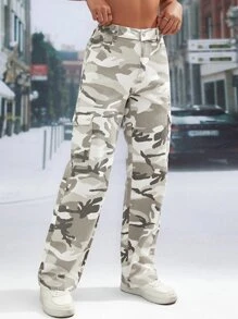 SHEIN PETITE 迷彩印花翻蓋口袋工裝牛仔褲 - 彩色 - 查看 5