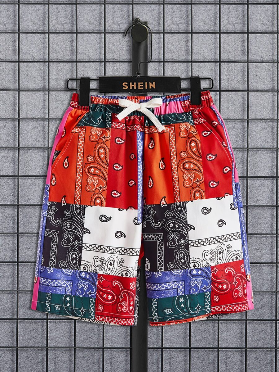SHEIN Boys Paisley Print Drawstring Waist Shorts - Multicolor - View 1