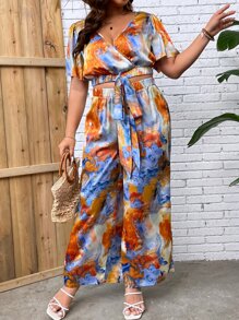 SHEIN Holidaya Plus Tie Dye Print Wrap Knot Front Top & Wide Leg Trousers - Multicolor - View 2