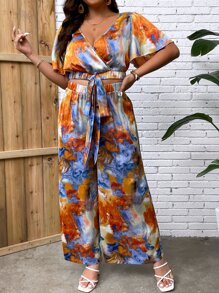 SHEIN Holidaya Plus Tie Dye Print Wrap Knot Front Top & Wide Leg Trousers - Multicolor - View 4