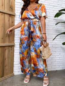 SHEIN Holidaya Plus Tie Dye Print Wrap Knot Front Top & Wide Leg Trousers - Multicolor - View 6