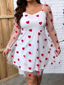 SHEIN Unity Plus Heart Print Mesh Overlay Sweetheart Neckline Dress - Red and White - View 4