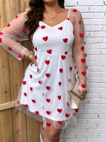 SHEIN Unity Plus Heart Print Mesh Overlay Sweetheart Neckline Dress - Red and White - View 5