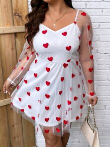 SHEIN Unity Plus Heart Print Mesh Overlay Sweetheart Neckline Dress - Red and White - View 7