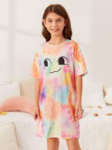 SHEIN 女孩卡通圖案紮染睡裙