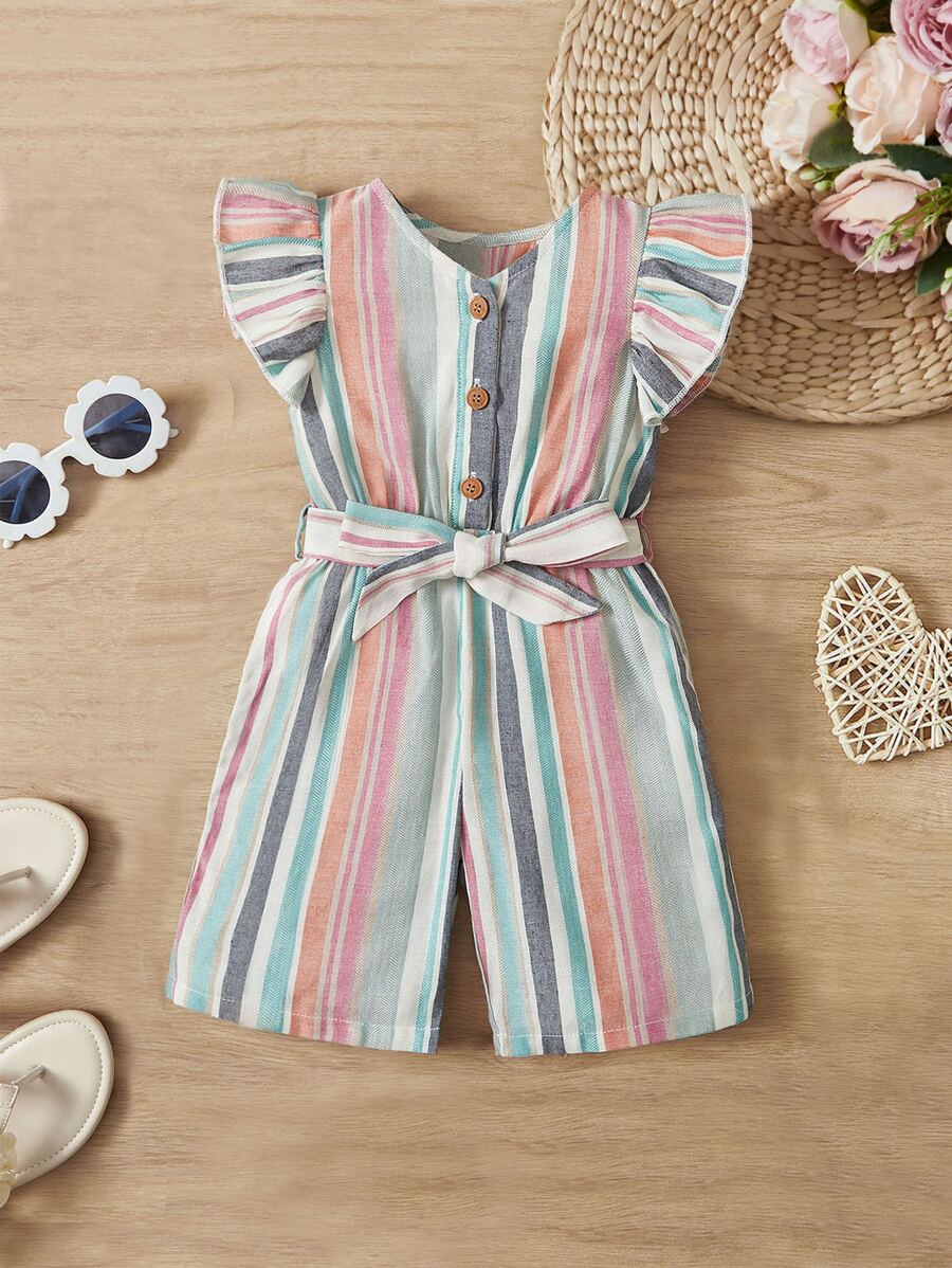 SHEIN Bebé Mono de rayas verticales ribete con fruncido con cinturón - Multicolor - Ver 1