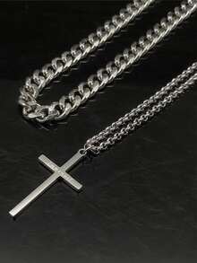 Cross Charm Layered Necklace - Silver - View 3