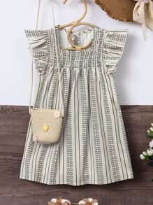 SHEIN Toddler Girls Striped Shirred Ruffle Trim Smock Dress - Apricot - View 1