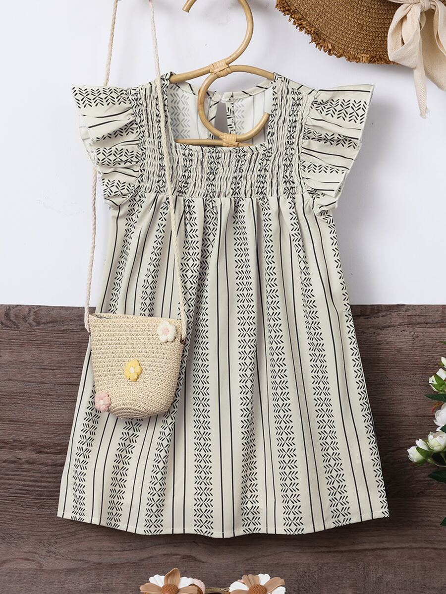 SHEIN Toddler Girls Striped Shirred Ruffle Trim Smock Dress - Apricot - View 1