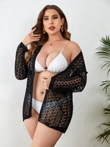 SHEIN VCAY Plus Hollow Out Drop Shoulder Cardigan Without Lingerie - Black - View 3