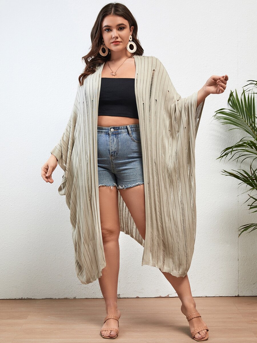 SHEIN VCAY Plus Batwing Sleeve Asymmetrical Hem Open Front Kimono - Khaki - View 1