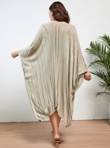 SHEIN VCAY Plus Batwing Sleeve Asymmetrical Hem Open Front Kimono - Khaki - View 2